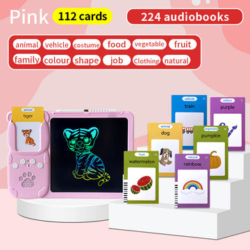 Pink (112 cards, pure English) Kids Interactive Early Education Toy: Combination Card Reader & LCD Drawing Board for Toddlers
