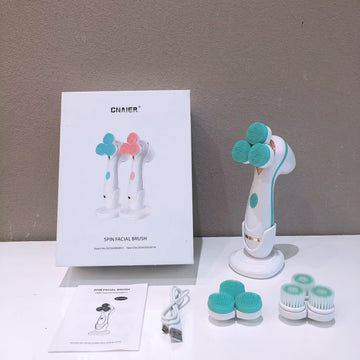 Blue 3-Head Electric Facial Cleansing Brush - Rechargeable Spin Scrubber Kit
