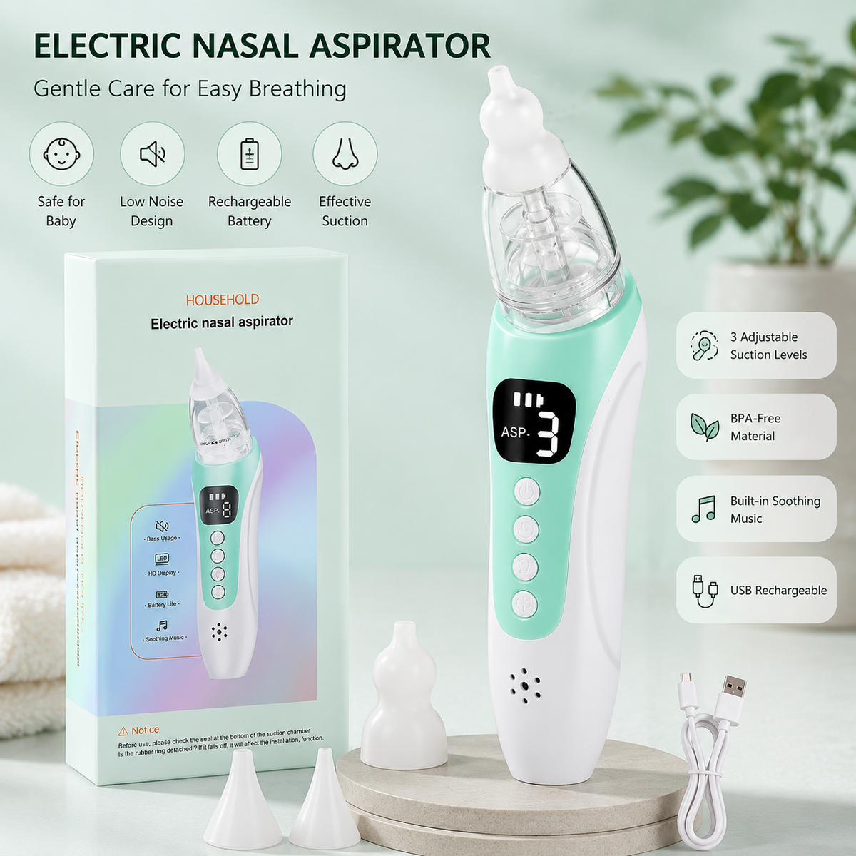 BreatheEasy™ Baby Nasal Aspirator, Rechargeable Electric 3-Speed Suction