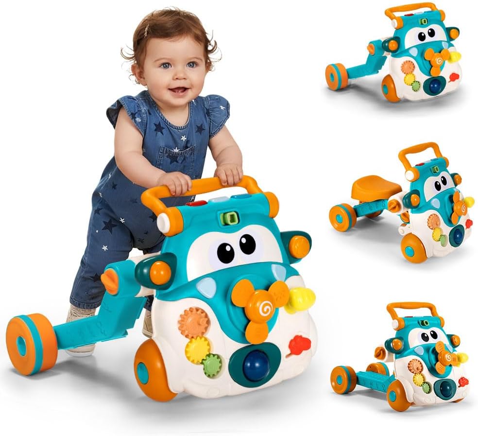 PlayPals 3-in-1 Baby Walker Cycle Scooter, Baby Push Walker with Music Activity Centre, 90° Rotating Head, Ergonomic Handle, Toddler Sit-to-Stand Learning Toy for Girls Boys Babies, Blue