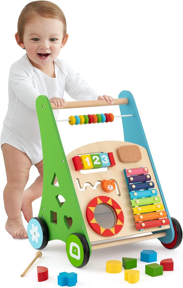 BABY JOY Wooden Baby Walker, Push and Pull Sit-to-Stand Learning Walker Activity Center, Toddler Push Walker Montessori Educational Toy, Develops Motor Skills & Stimulates Creativity (Colorful)