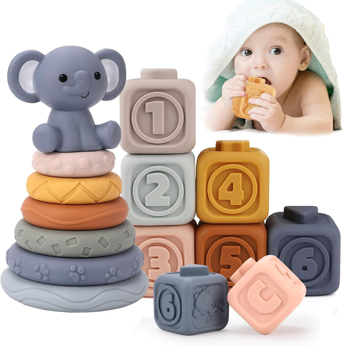 Baby Toys Stacking Blocks, Educational Sensory Toys, 13 PCS Baby Soft Building Blocks Toys, Montessori Toys for Babies, Gifts for 6 12 18 Months Old Toddler Girls Boys (Elephant)