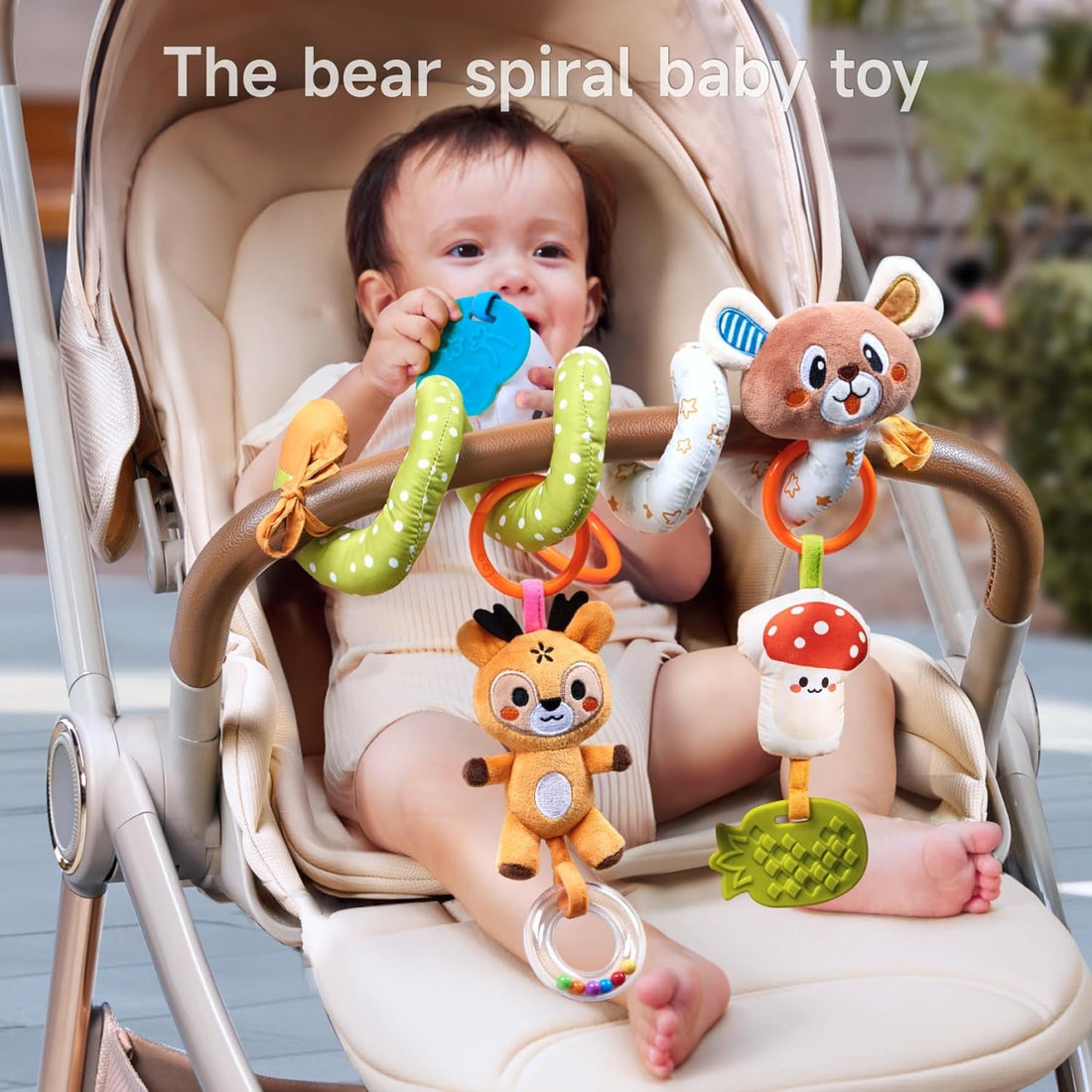 TUMAMA Baby Bear Spiral Activity Toy - Plush Car Seat & Stroller Sensory Stimulating Hanging Toy with Rattles Interactive for Newborn to 0 3 6 9 12+ Months