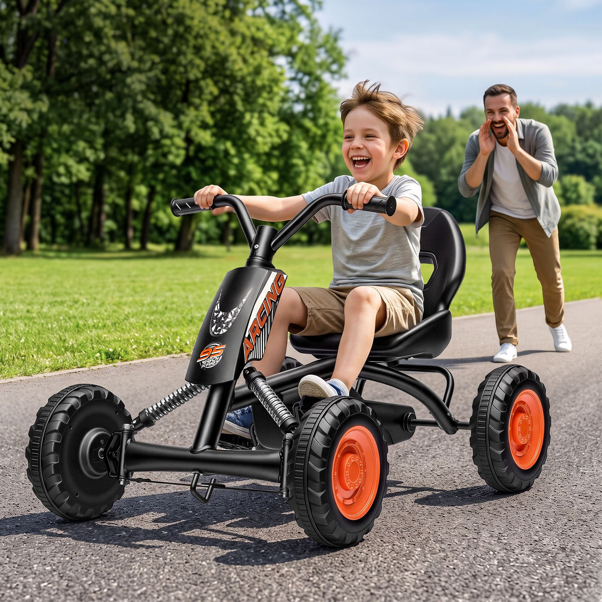 Black Rigo Pedal Go Kart for kids with plastic wheels, featuring forward and reverse gears, 84cm length from Everything Baby.