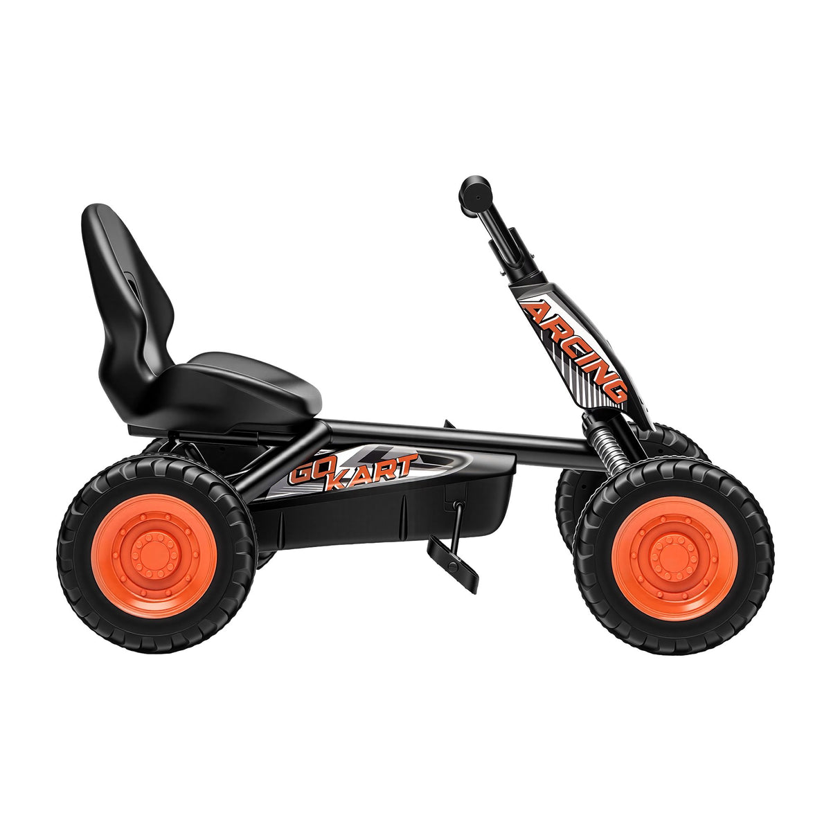 Black Rigo Pedal Go Kart for kids with plastic wheels, featuring forward and reverse gears, 84cm length, by Everything Baby.