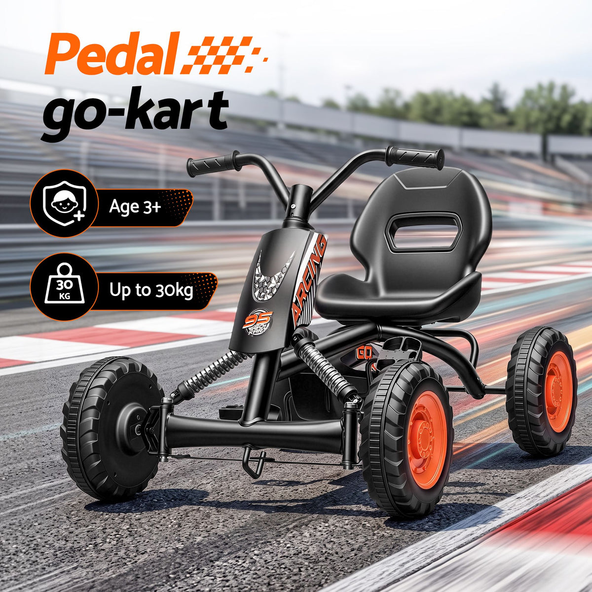 Black Rigo Pedal Go Kart for kids with plastic wheels, featuring forward and reverse gears, 84cm size, by Everything Baby.