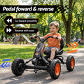 Black Rigo Pedal Go Kart for kids with plastic wheels, featuring forward and reverse drive, 84cm in length.