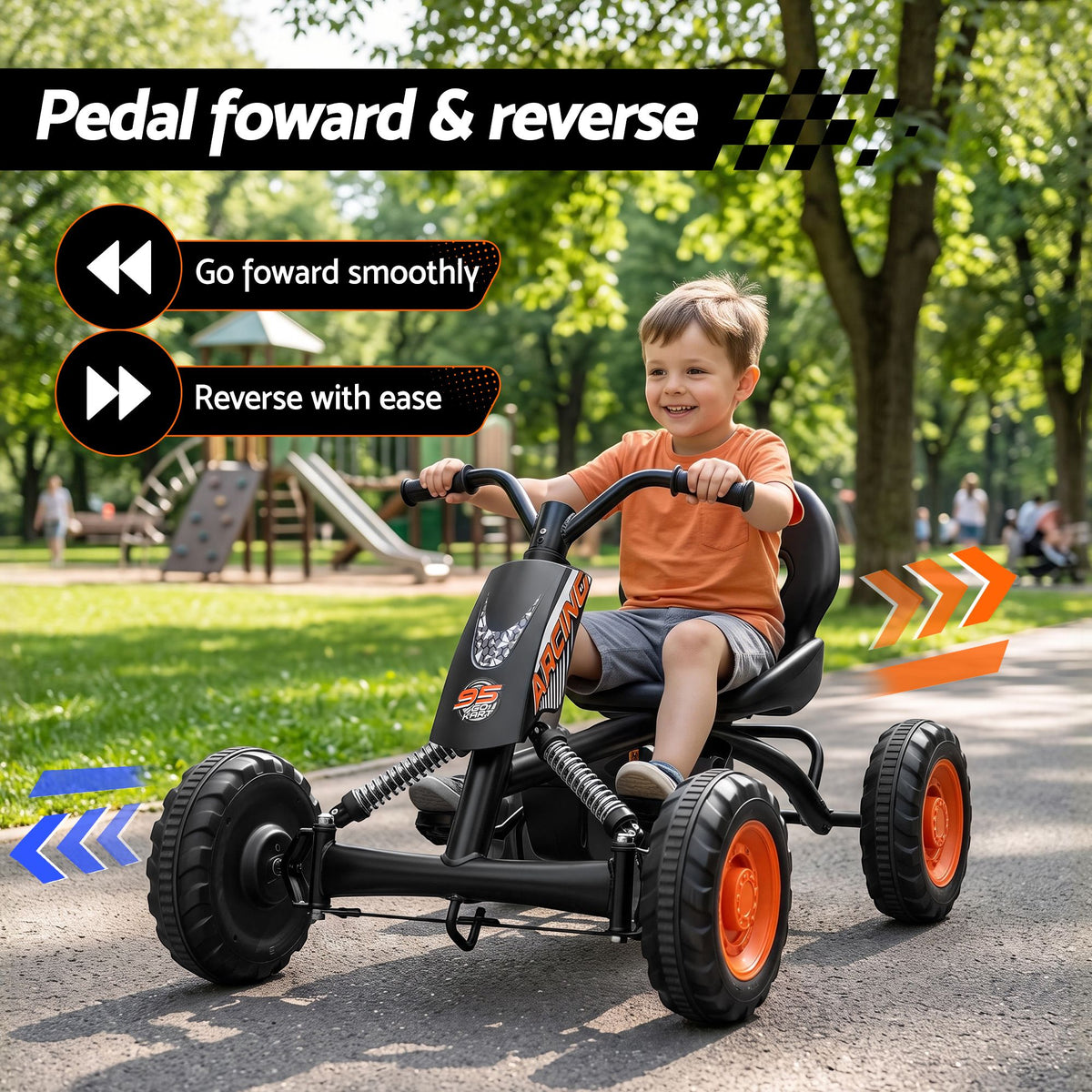 Black Rigo Pedal Go Kart for kids with plastic wheels, featuring forward and reverse drive, 84cm in length.