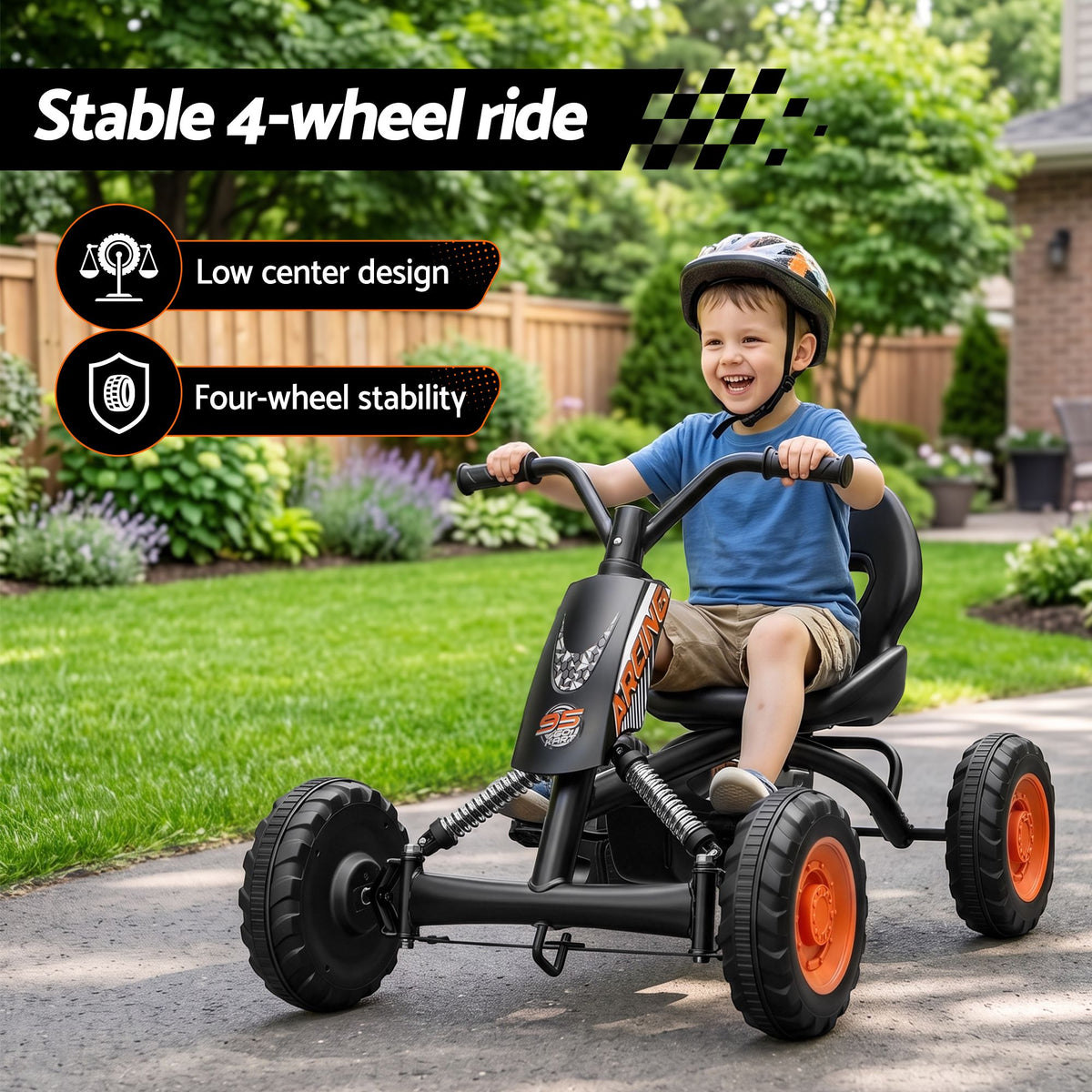 Black Rigo Pedal Go Kart for kids with plastic wheels, forward and reverse gears, 84cm length, designed for young children.