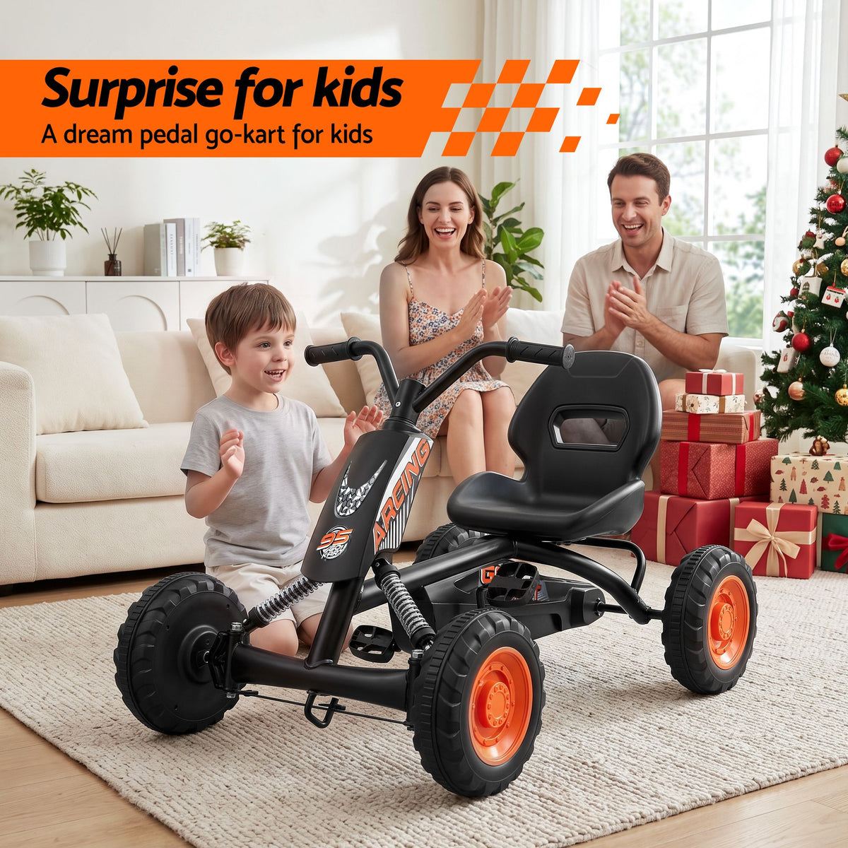 Black Rigo Pedal Go Kart for kids with plastic wheels, forward and reverse, 84cm, designed for young children to ride and play.