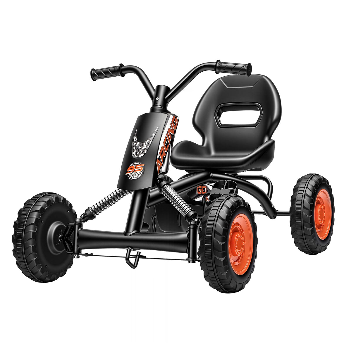 Black Rigo Pedal Go Kart for kids with plastic wheels, featuring forward and reverse gears, 84cm length, from Everything Baby.