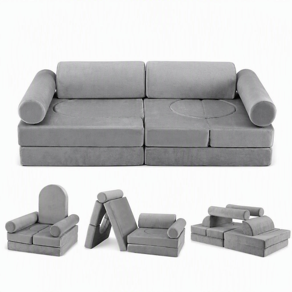 Keezi 12-piece modular kids sofa play couch set with washable grey covers, perfect for playrooms and children's seating.
