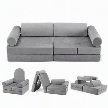 Keezi 12-piece modular kids sofa play couch set with washable grey covers, perfect for playrooms and children's seating.