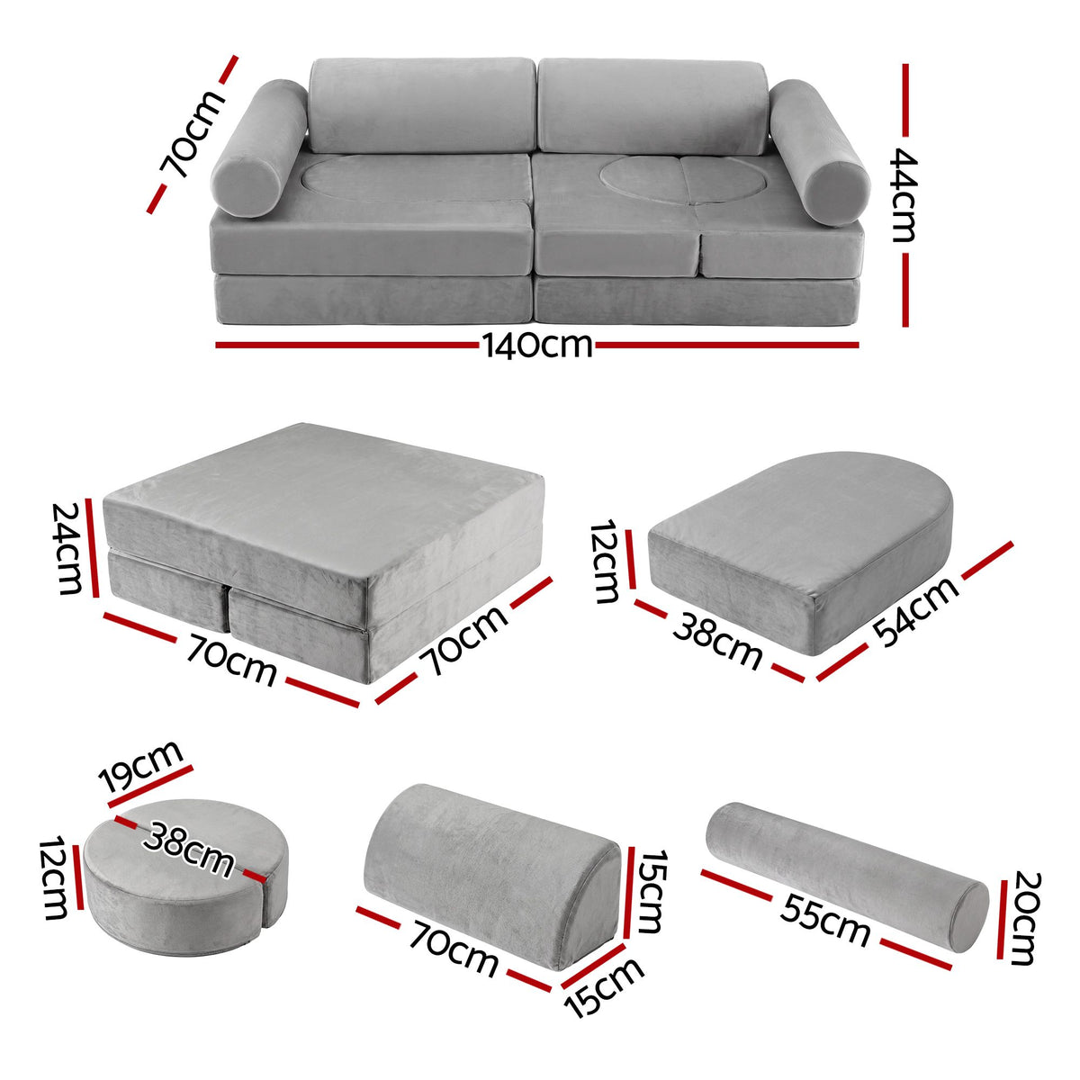 Grey Keezi 12-piece modular kids sofa play couch with removable washable covers, ideal for kids' playroom furniture.