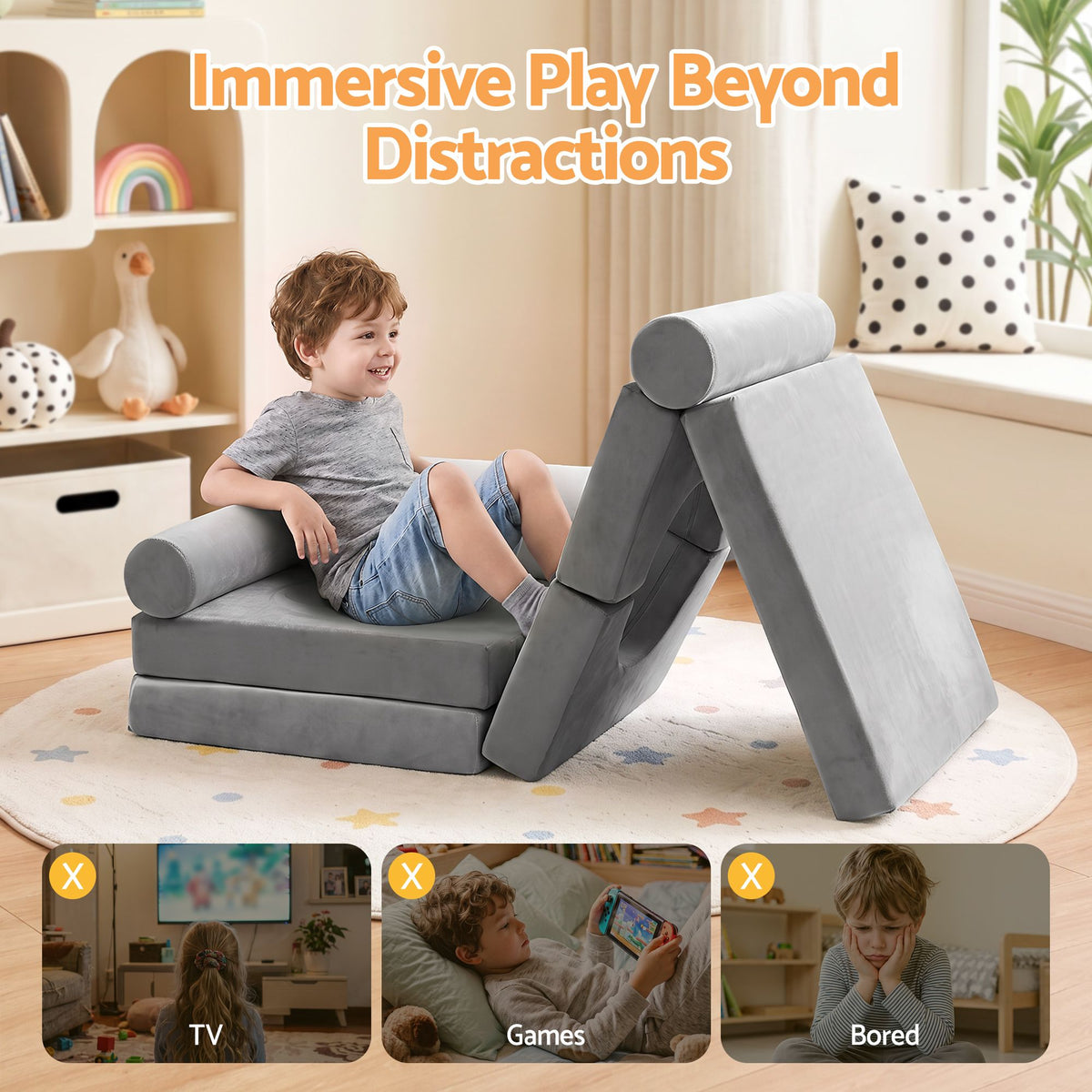 Keezi 12-piece modular kids sofa set with foam cushions and removable washable covers in grey, suitable for playroom seating.
