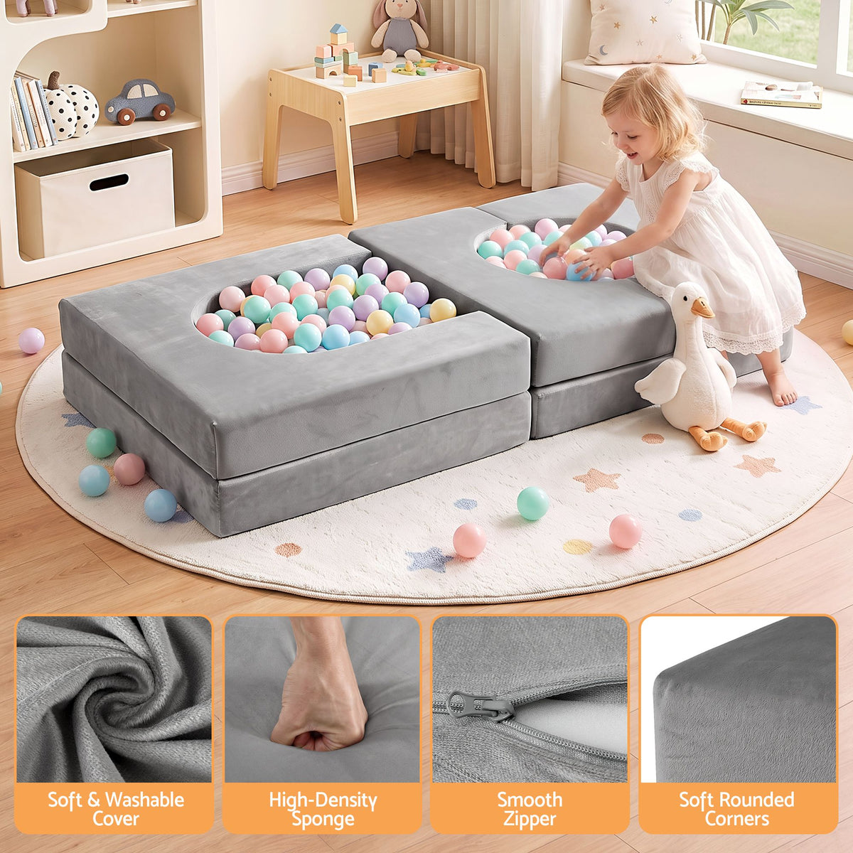 Keezi 12-piece modular kids sofa set in grey with foam cushions and removable washable covers, ideal for playroom seating.
