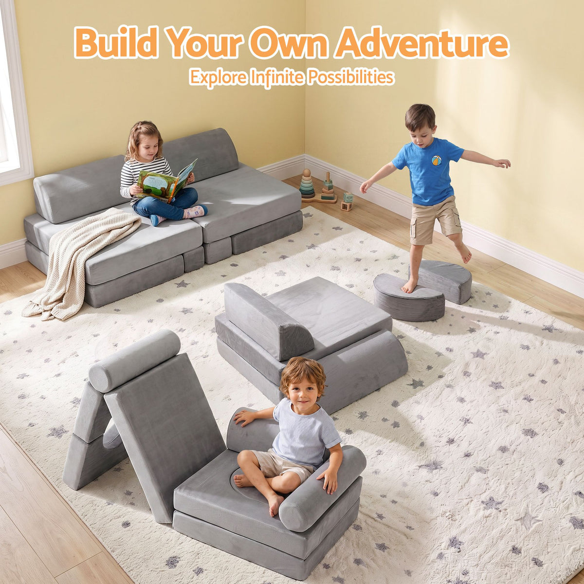 Keezi 12-piece modular kids sofa play couch with foam cushions and removable washable grey covers, ideal for playrooms.