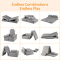 Grey Keezi 12-piece modular kids sofa play set with removable washable covers, ideal for playroom furniture.