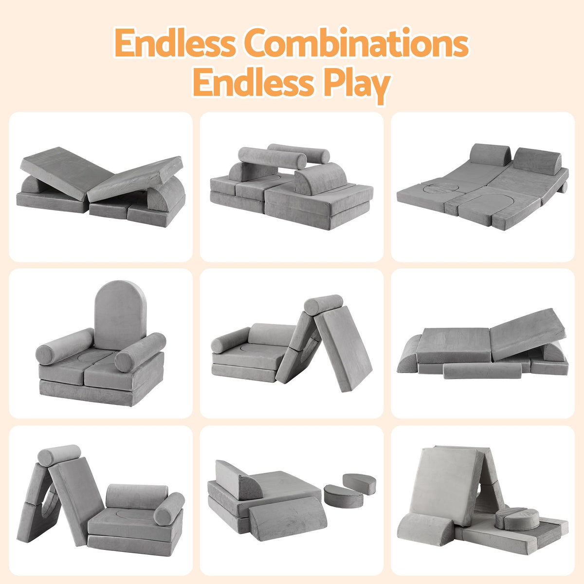 Grey Keezi 12-piece modular kids sofa play set with removable washable covers, ideal for playroom furniture.