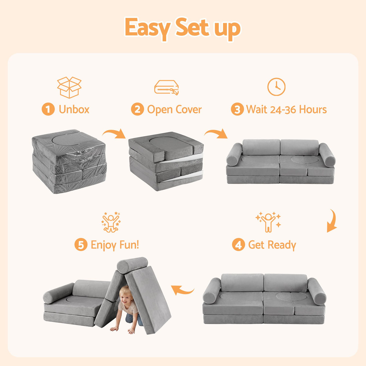 Grey Keezi 12-piece modular kids sofa play couch with removable washable covers, perfect for kids' playroom furniture.