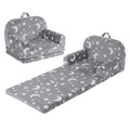 Keezi Kids 2-in-1 fold-out sofa bed in grey with removable washable cover, carry handle, storage pocket, and glow-in-the-dark feature.