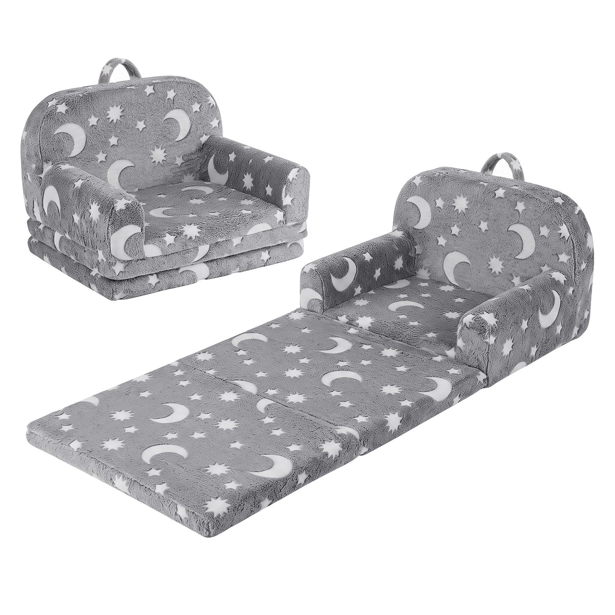 Keezi Kids 2-in-1 fold-out sofa bed in grey with removable washable cover, carry handle, storage pocket, and glow-in-the-dark feature.
