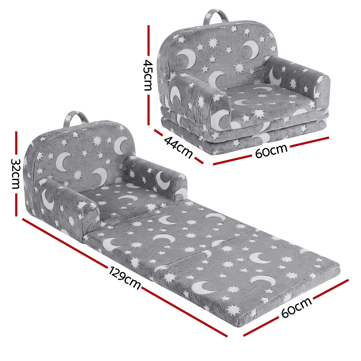 Keezi kids 2-in-1 fold-out sofa bed in grey with removable washable cover, carry handle, storage pocket, and glow-in-the-dark features.