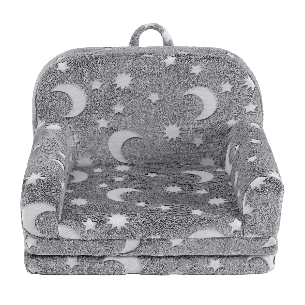 Keezi kids 2-in-1 fold-out sofa bed in grey with removable washable cover, carry handle, storage pocket, and glow-in-the-dark feature