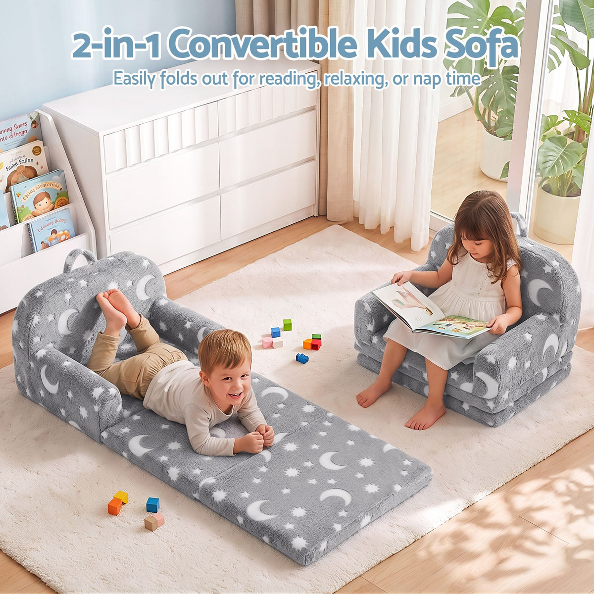 Keezi Kids 2-in-1 fold-out sofa bed in grey with removable washable cover, carry handle, storage pocket, and glow-in-the-dark feature.