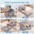 Keezi Kids 2-in-1 fold-out sofa bed in grey with removable washable cover, carry handle, storage pocket, and glow-in-the-dark features.