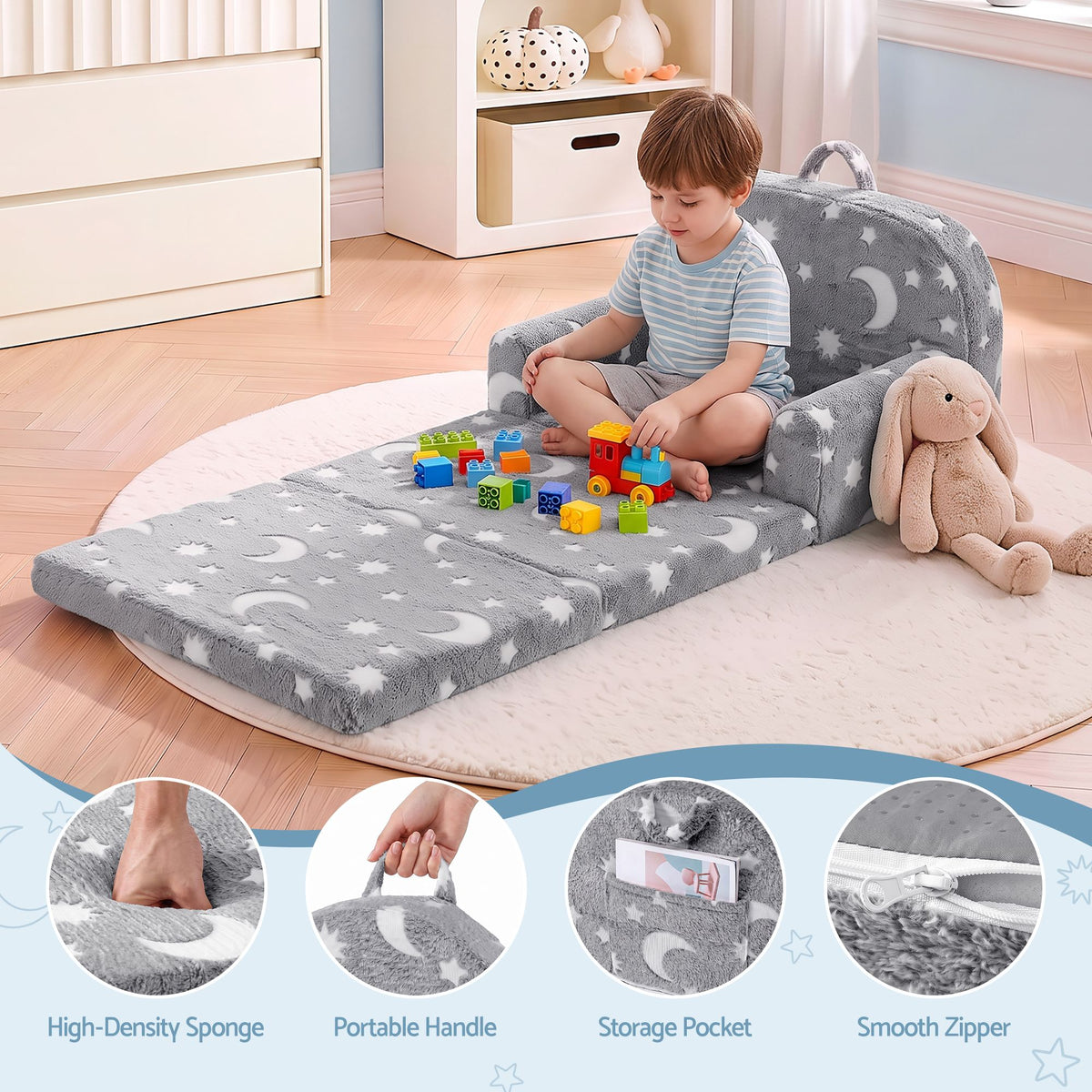 Keezi kids 2-in-1 fold-out sofa bed in grey with removable washable cover, carry handle, storage pocket, and glow-in-the-dark features