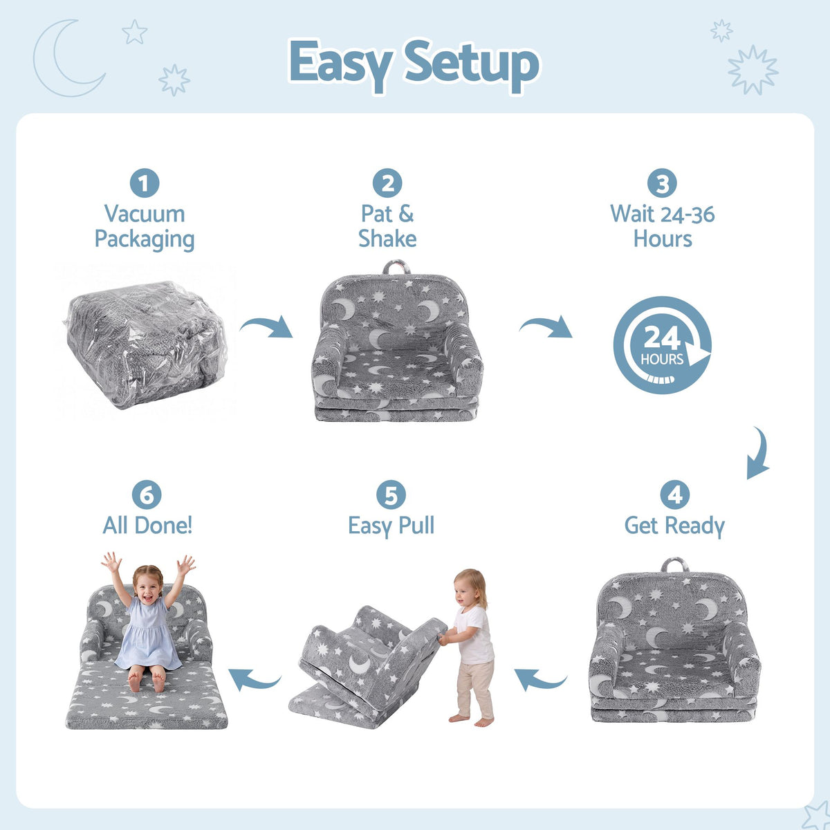 Keezi kids 2-in-1 fold-out sofa bed in grey with removable washable cover, carry handle, storage pocket, and glow-in-the-dark features