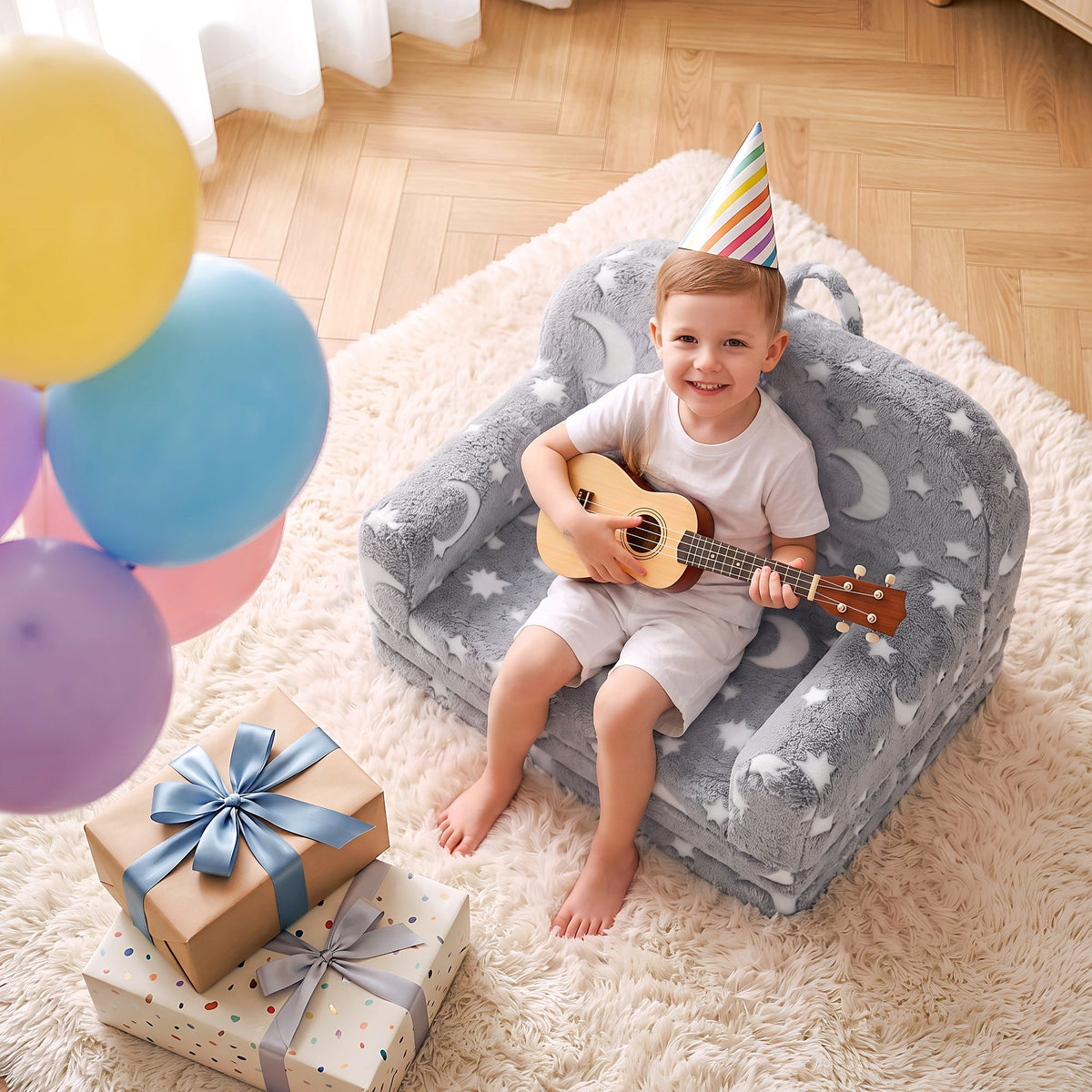 Keezi kids 2-in-1 fold-out sofa bed in grey with removable washable cover, carry handle, storage pocket, and glow-in-the-dark features.