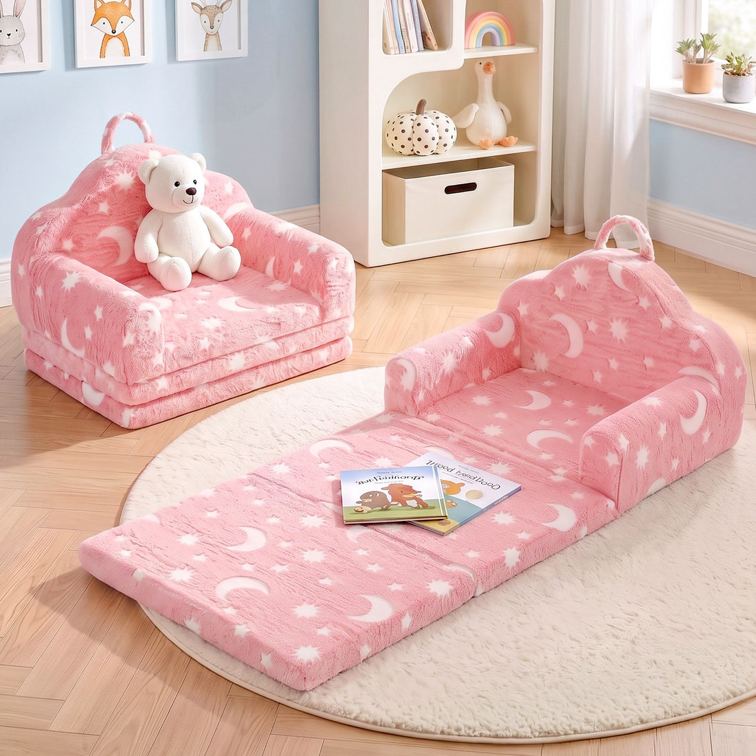 Pink Keezi kids 2-in-1 fold-out sofa bed with removable cover, carry handle, storage pocket, and glow-in-the-dark features.
