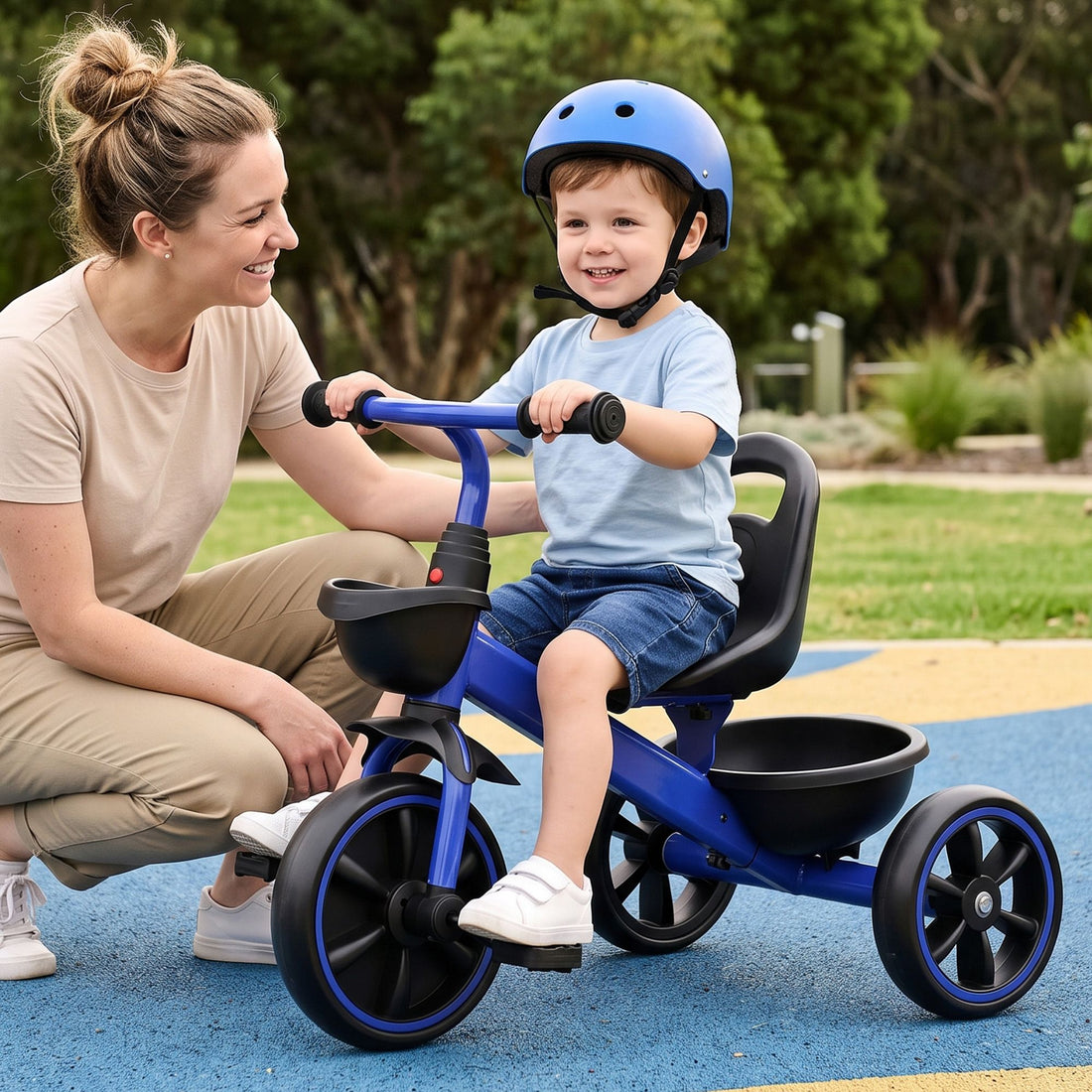 Blue RIGO tricycle bike for kids with 3 wheels, basket, made of carbon steel, 68cm, designed for young children.