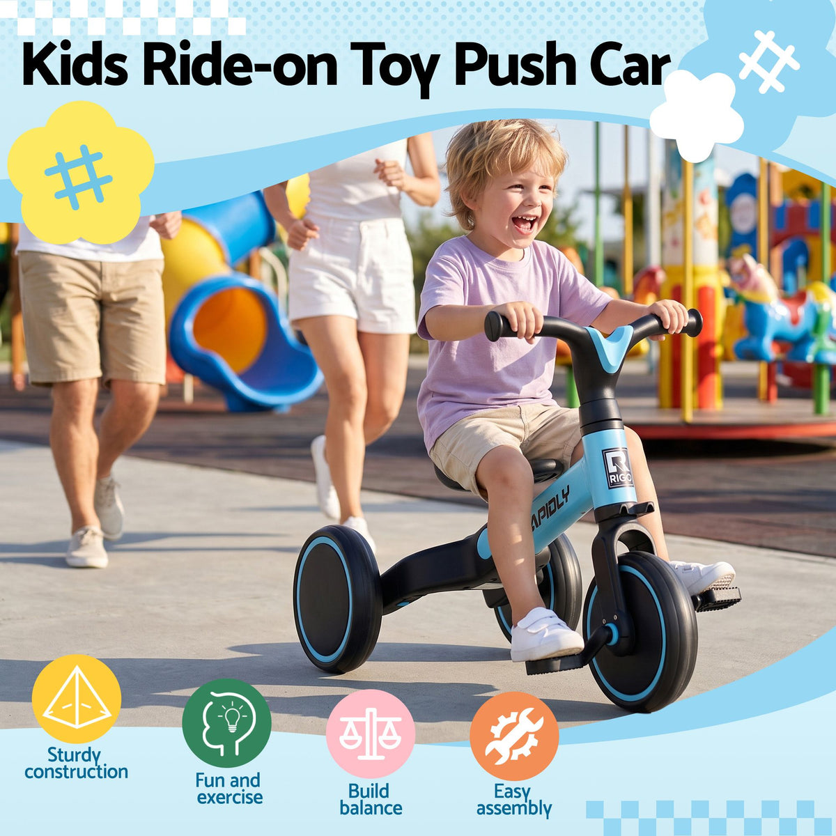 Blue RIGO tricycle bike for kids with 3 wheels, made of carbon steel, designed for young children, featuring a sturdy frame and colorful finish.