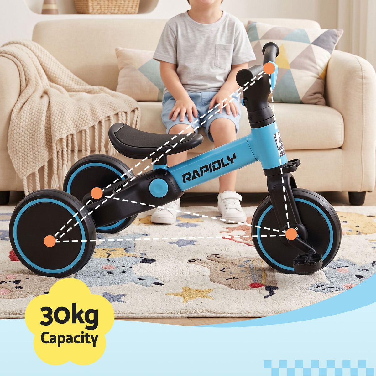 Blue RIGO tricycle bike for kids with 3 wheels, made of carbon steel, designed for young children and outdoor riding.
