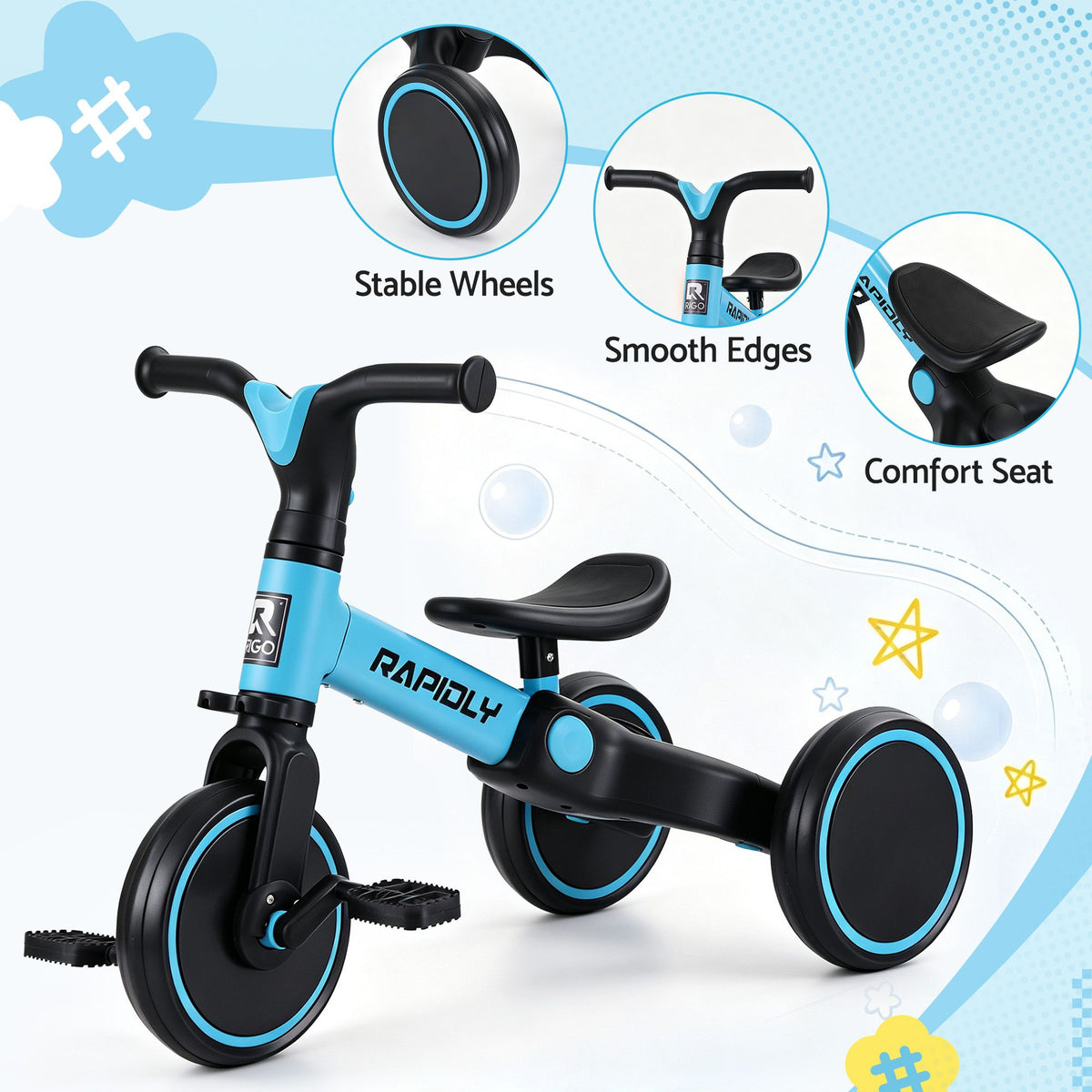 Blue RIGO tricycle bike for kids with 3 wheels, made of carbon steel, suitable for young children, from Everything Baby.