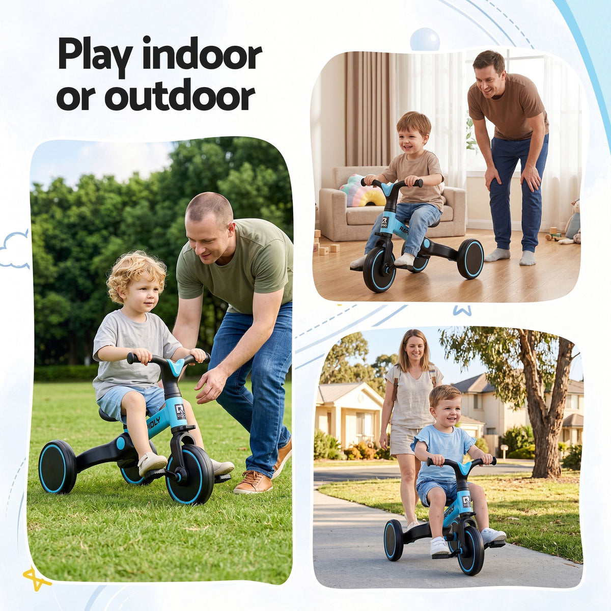 Blue RIGO tricycle bike for kids with 3 wheels, made of carbon steel, featuring a 70cm frame for young children.