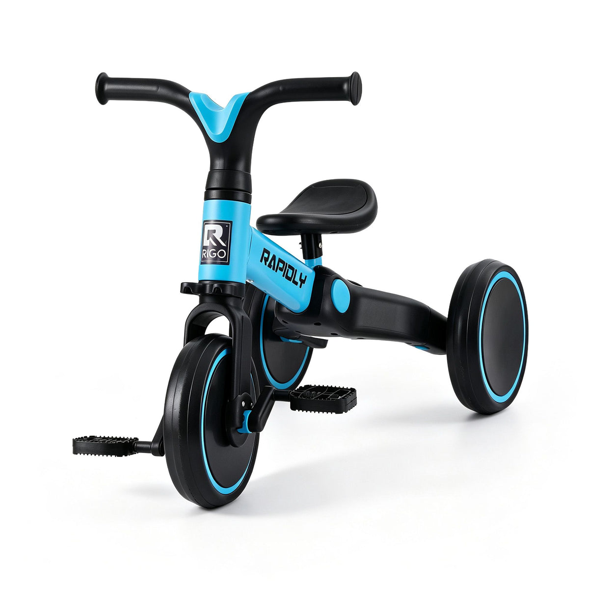 Blue RIGO kids' tricycle bike with three wheels, made of carbon steel, suitable for young children, 70cm size, designed for safety and fun.