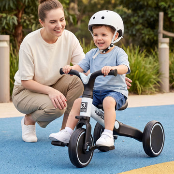 White RIGO tricycle bike for kids with three wheels, made of carbon steel, 70cm height, suitable for young children.