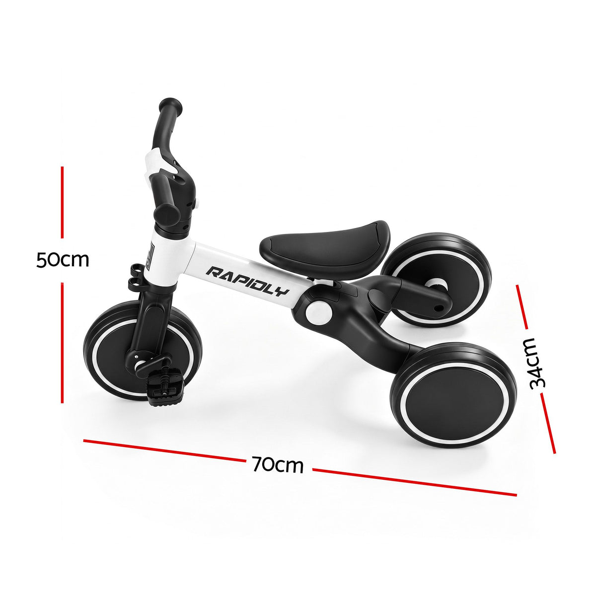 White RIGO tricycle bike for kids with 3 wheels, made of carbon steel, 70cm, suitable for young children.