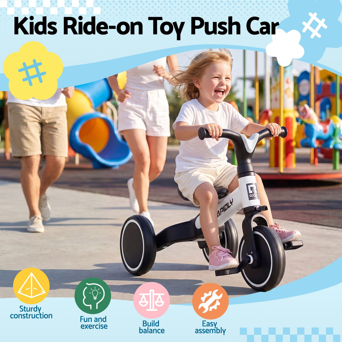White RIGO tricycle bike for kids with three wheels, made of carbon steel, designed for young children, 70cm size.