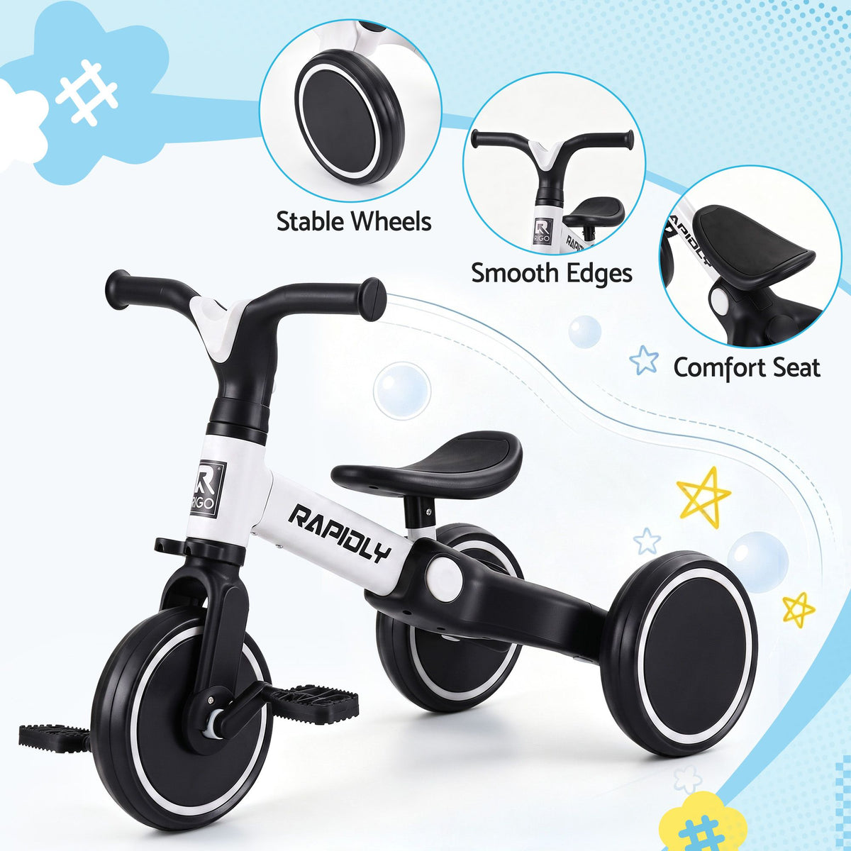 White RIGO kids tricycle bike with 3 wheels made of carbon steel, designed for young children, 70cm size, by Everything Baby.
