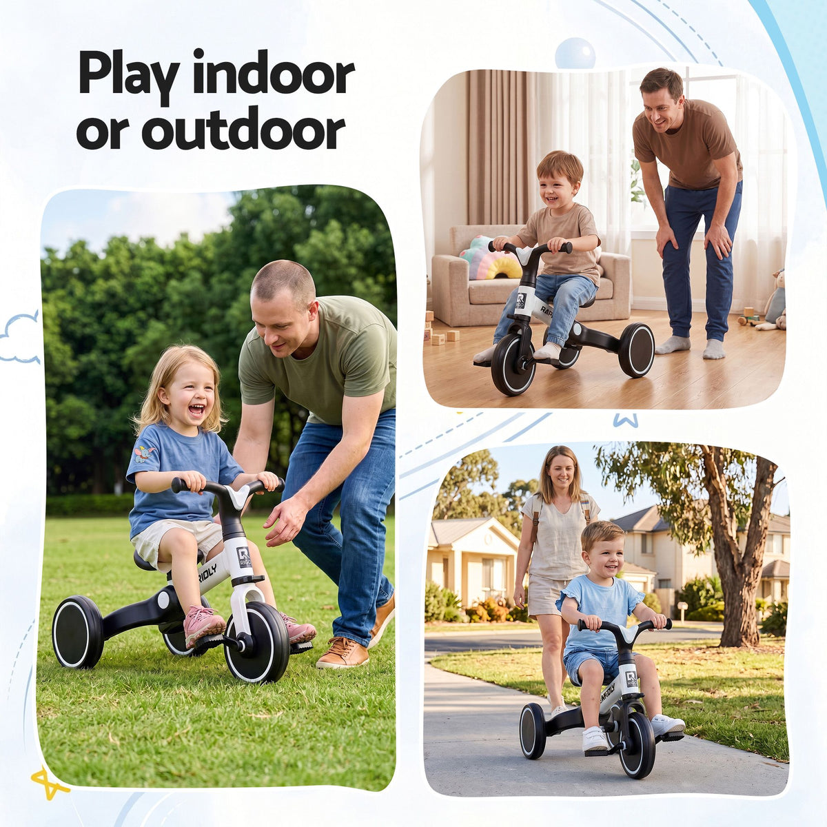 White RIGO tricycle bike for kids with 3 wheels, made of carbon steel, featuring a sturdy design for young children.
