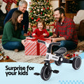 White RIGO tricycle bike for kids with 3 wheels, made of carbon steel, 70cm height, designed for young children.