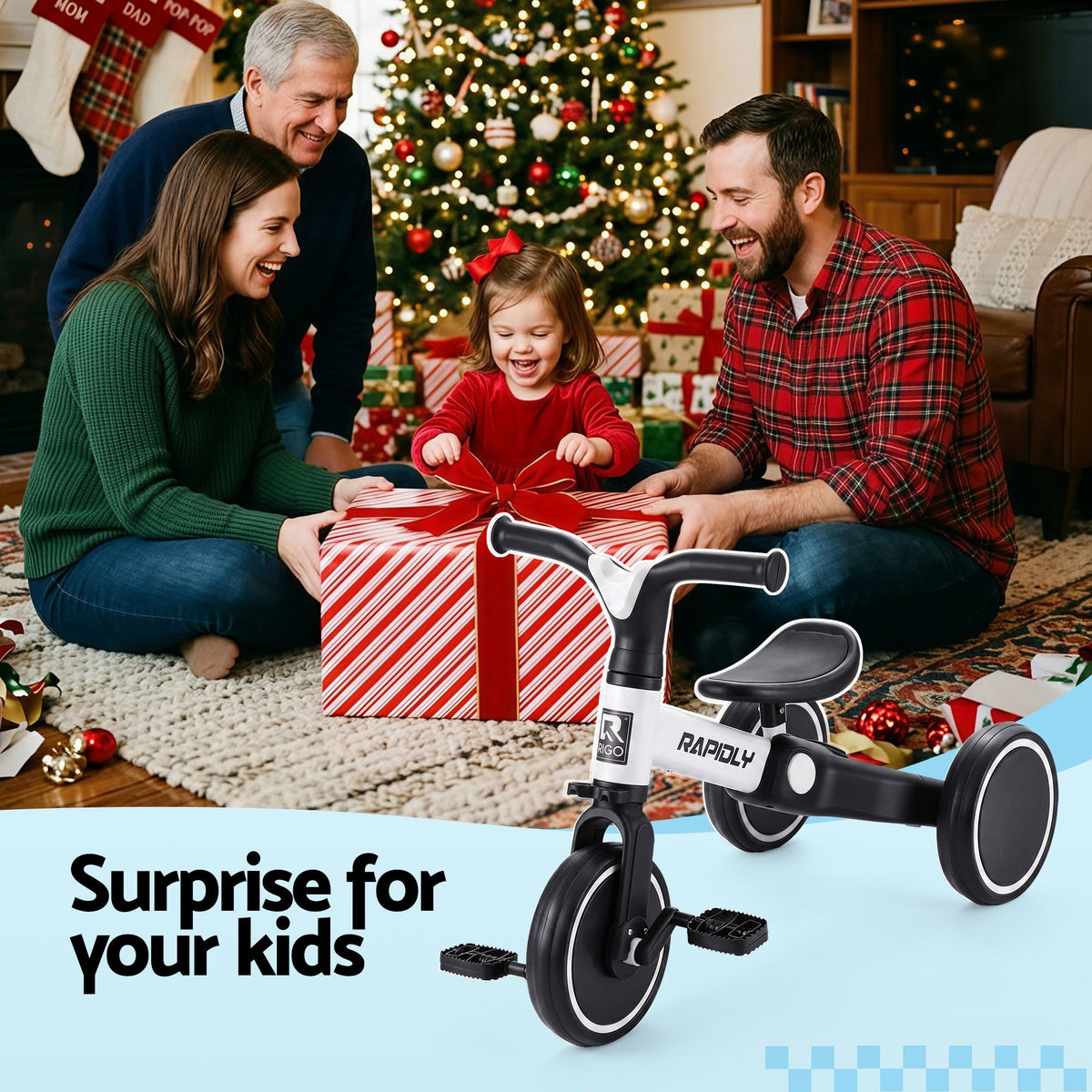 White RIGO tricycle bike for kids with 3 wheels, made of carbon steel, 70cm height, designed for young children.
