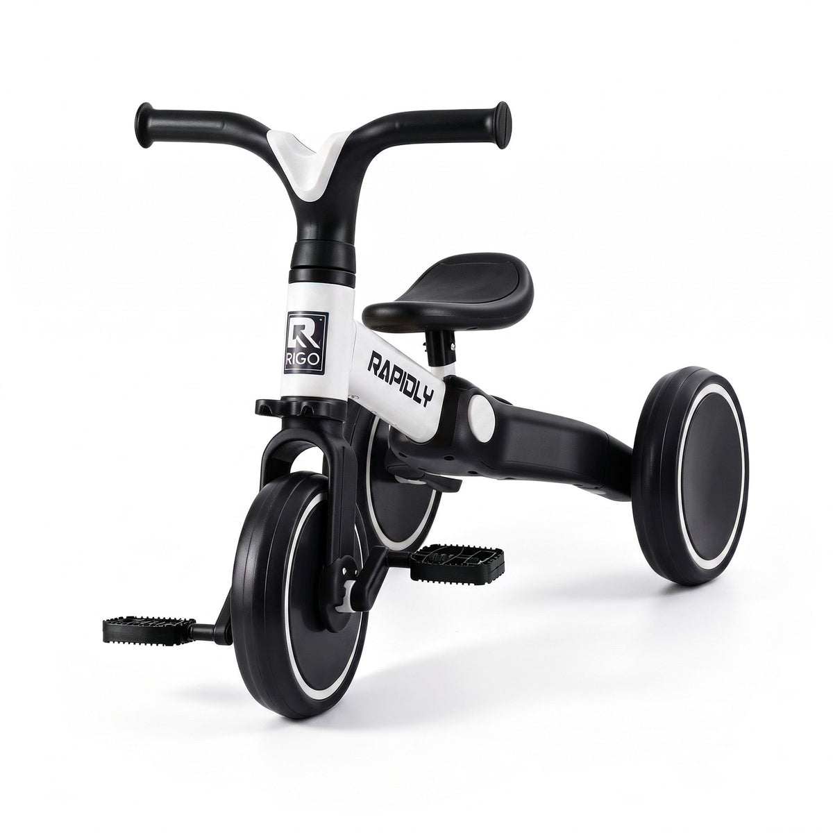 White RIGO kids tricycle bike with 3 wheels, made of carbon steel, designed for children, with a 70cm frame in a bright finish.