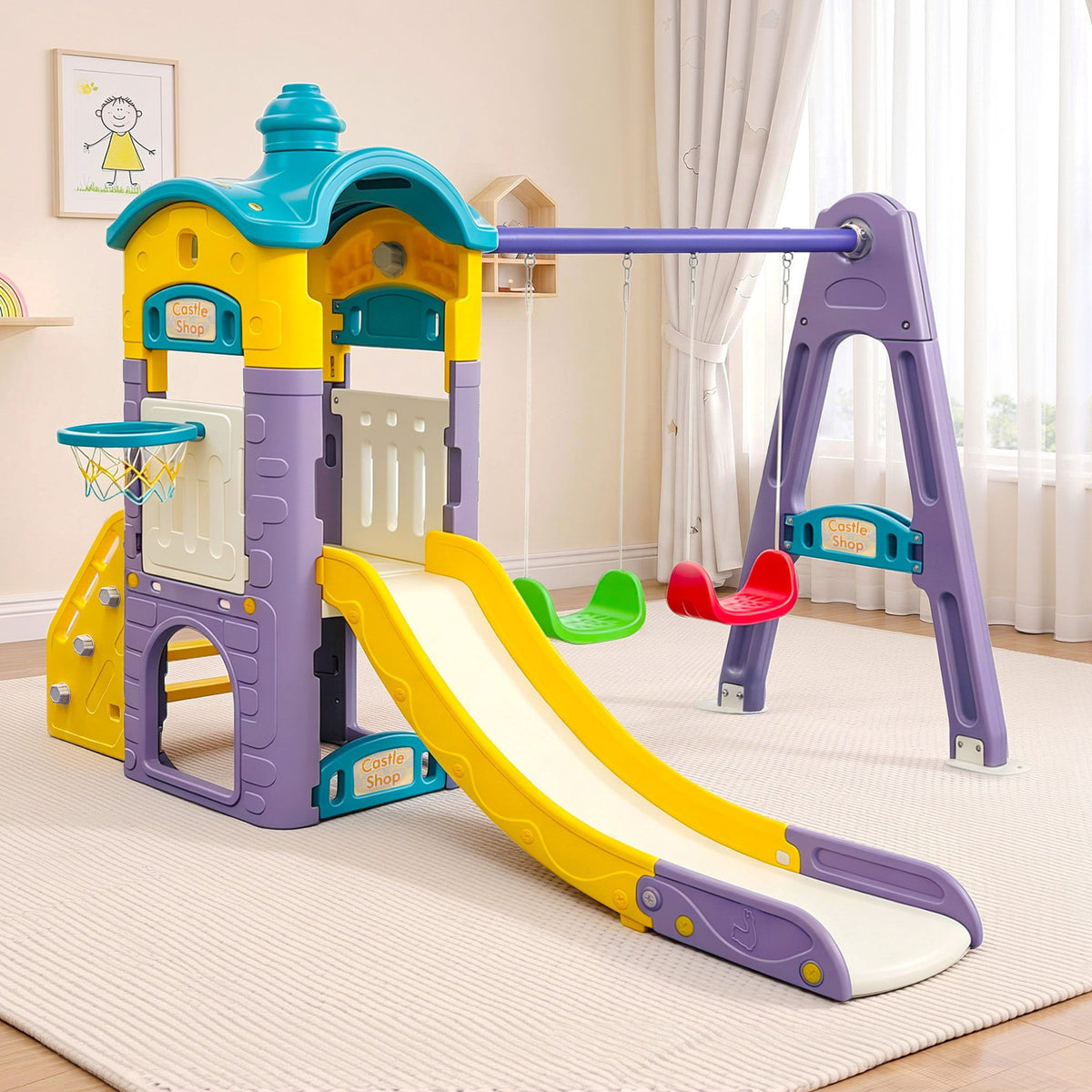Keezi Kids 4-in-1 slide swing set with double swings, basketball hoop, and playhouse for children, featuring bright colorful design.