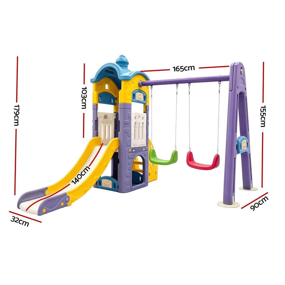 Keezi kids 4-in-1 slide swing set with double swings, basketball hoop, and playhouse for active outdoor play.